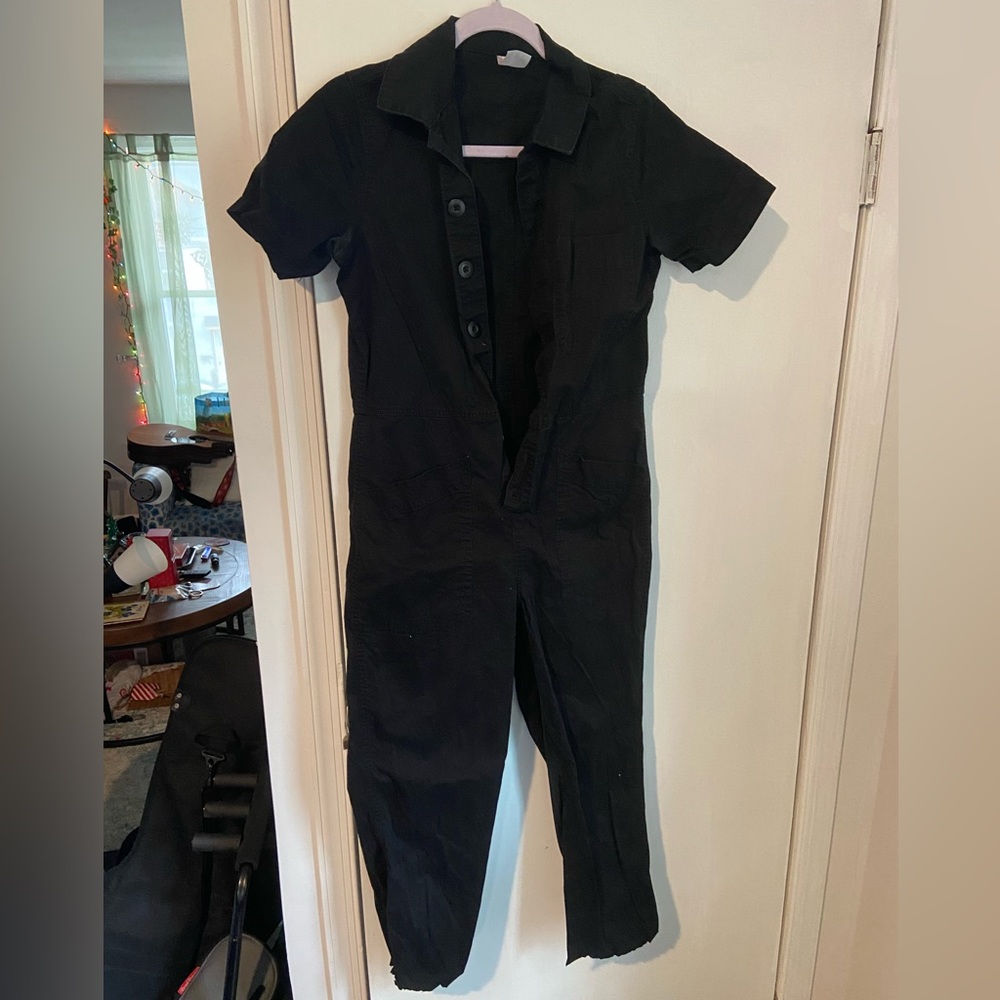 Black Button Up Collared Jumpsuit with Cut Ankles
